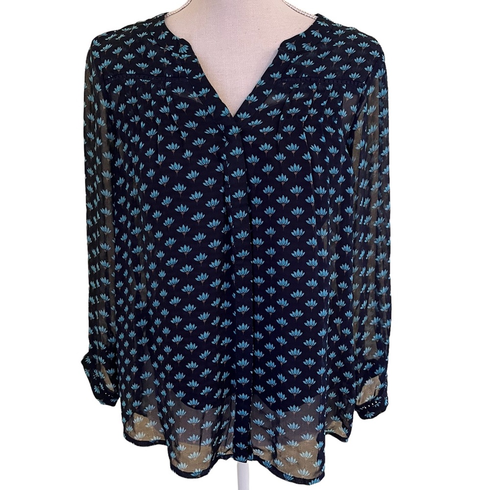 Skies are Blue Navy Blue with Print Long Sleeve Button Front Sheer Blouse